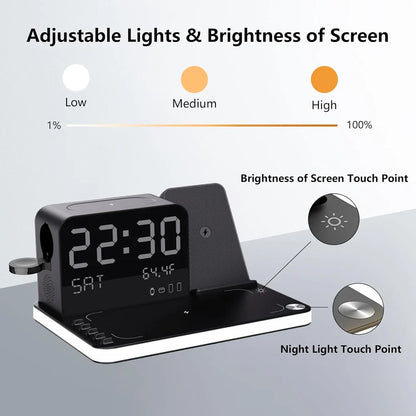 7-in-1 Dual iPhone Wireless Charging Station – Fast Charger with Clock & Night Light