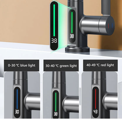 Waterfall Basin Faucet Pull-Out Kitchen & Bathroom Faucet Rainfall Temperature Digital Display No Battery SUS604 Stainless Steel - The Prime Shop
