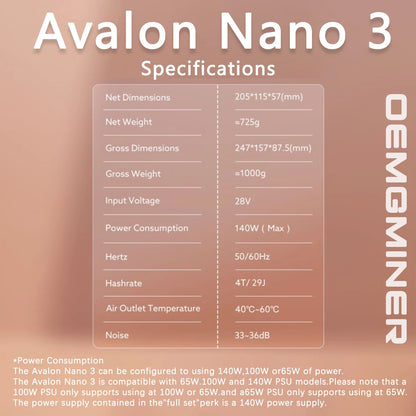 Avalon Miner BTC Bitcoin Nano 3, 140W 4Th/s, Ultra-Low Power Solo Mining Box