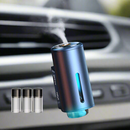 Car air freshener with steam coming out, placed in a car's vent, with 'Intelligent Perfume' text above.
