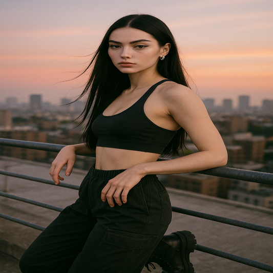 Woman in black athletic wear standing on a rooftop with a cityscape background during sunset.